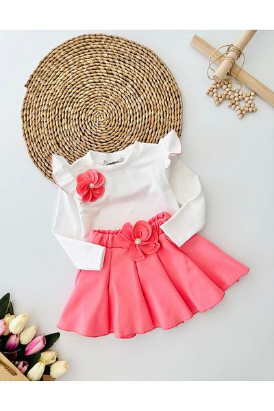 Minigimin Cicileri My Little Girl's Skirt Suit - Floral Detailed, Coral