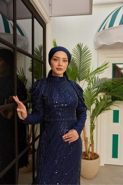 Hülya Keser Omuz Detaylı Taş Süsleme Abiye - Lacivert