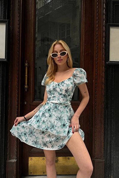 Bak Moda Πράσινο φλοράλ σχέδιο - Μίνι φόρεμα με χαμηλή πλάτη και μπαλόνι μανίκι