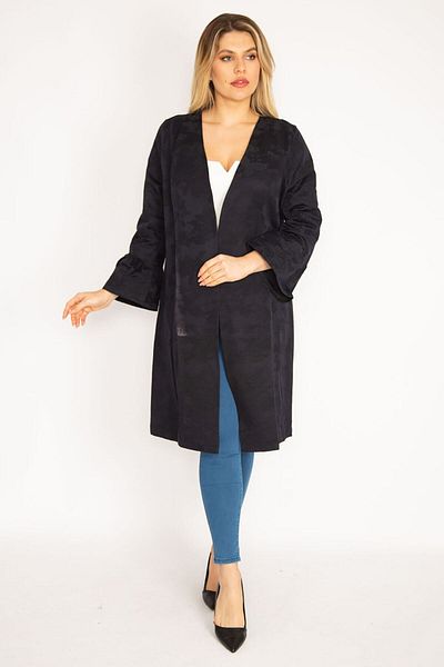 Şans Women's Large Size Navy Blue Flock Printed Unlined Jacket 65n35230