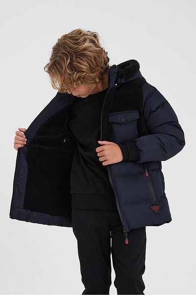 SİVAİST Boy's Coat - Thick Inflatable, Navy Blue, Plush Detail and Fur Inside