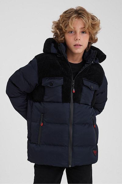 SİVAİST Boy's Coat - Thick Inflatable, Navy Blue, Plush Detail and Fur Inside