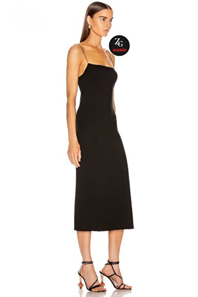 Zagrep Γυναικείο μαύρο φόρεμα σπαγγέτι με λουράκι με λεπτομέρεια μεταξωτό μπλουζάκι Midi