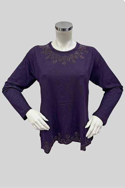 Moda Zeyn Φούστα Πέτο Πέτρα Βισκόζη Mother Χτενισμένη Βαμβακερή Μπλούζα - Ποιοτική Κεντημένη Μωβ