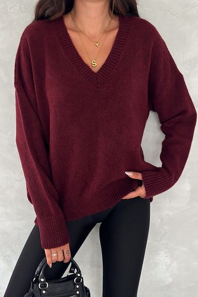 FEMELLE Women's Burgundy V-Neck Standard Size Oversize Basic Knitwear Sweater
