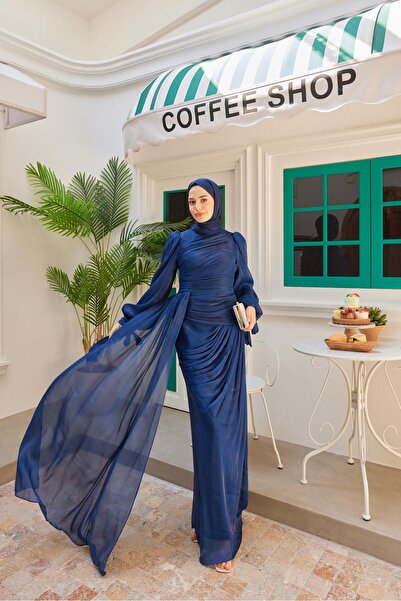 Hülya Keser Önü Büzgülü Işıltılı Kumaş Abiye - Lacivert