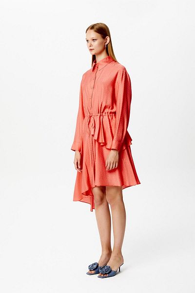 rue. Flounced Asymmetrical Coral Dress
