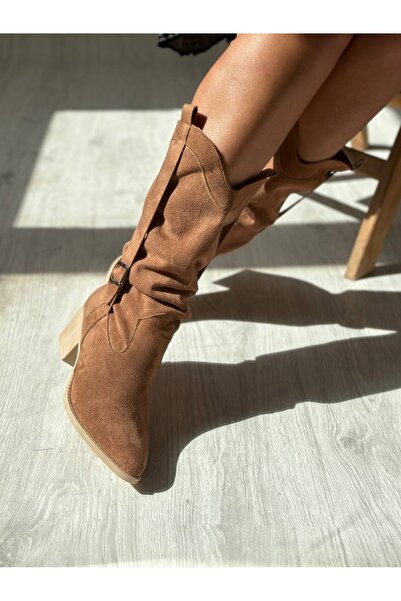 SHOEBOURNE Taba Süet Western Tarzı Kemer Detaylı Çizme