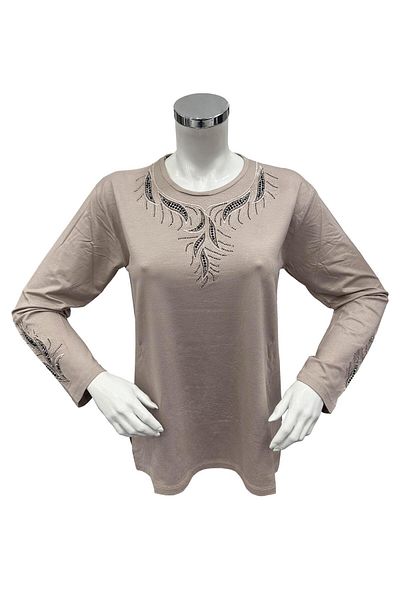 Moda Zeyn Μπεζ μητρική χτενισμένη βαμβακερή μπλούζα - ύφασμα βισκόζης, κομψό σχέδιο φύλλων και κέντημα με πέτρες