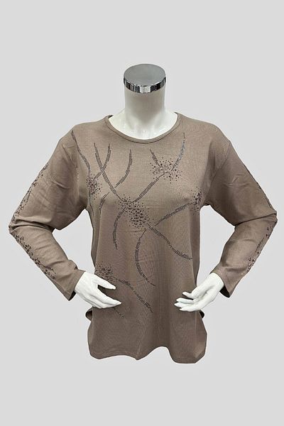Moda Zeyn Μπεζ χτενισμένη βαμβακερή μπλούζα βισκόζης - Waterway and Stone κεντημένο σχέδιο