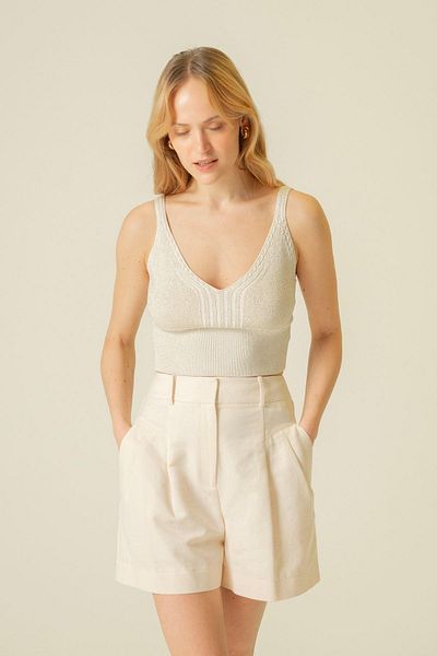 rue Crop Top din tricotaje Ecru - Curea cu detaliu elastic în talie