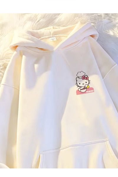 POPULUS Y2K Style Hello Kitty White Front-Back Printed Sweatshirt