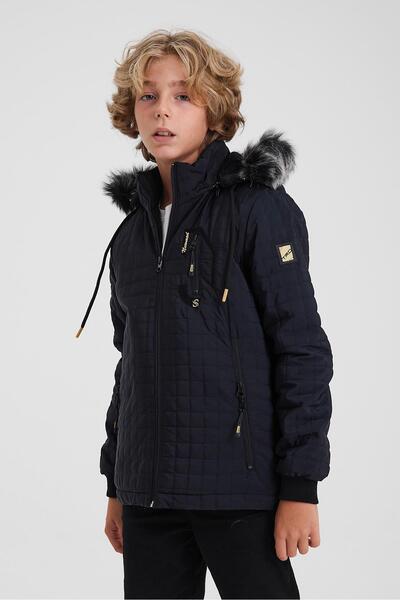 SİVAİST Palton matlasat pentru băiat bleumarin, rezistent la apă și vânt - glugă detașabilă