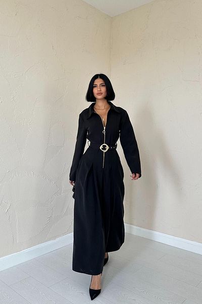SEREN TEKSTİL Front Zippered Belted Dress - Black