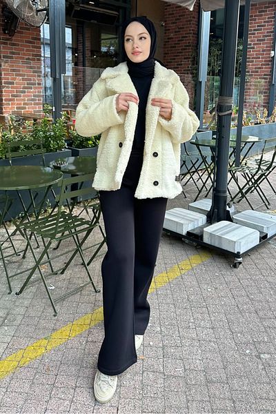 Oven Plush Coat with Jacket Collar - Ecru