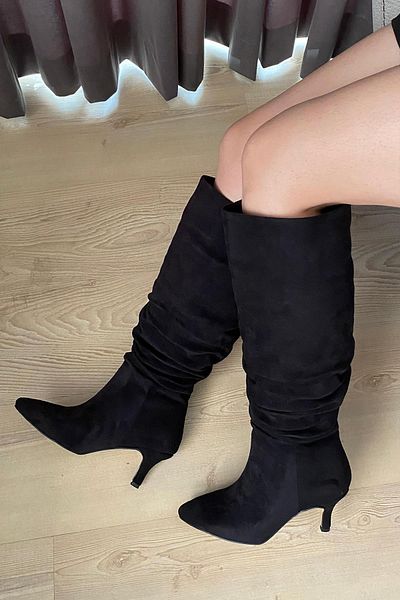 Preshley Γυναικείες μπότες Tamara Black Suede Bellows με μυτερό τακούνι