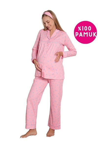 bie's Pink Long Sleeve Seasonal Waist Adjustable 100% Cotton Pajamas Set for Pregnant Women - Wide Fit