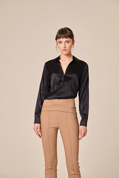 rue Tie-Up Silk Crop Black Shirt Blouse