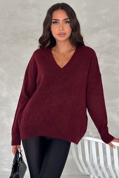 FEMELLE Women's Burgundy V-Neck Standard Size Oversize Basic Knitwear Sweater