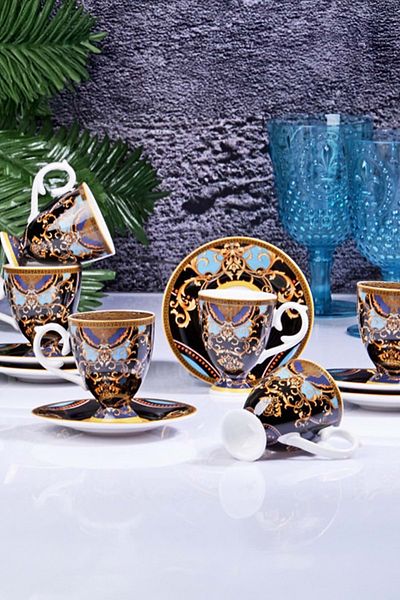 Jenisa Luxury Baroque Patterned Porcelain Cup Set Gold Leaf Vintage Cup Set for 6 People