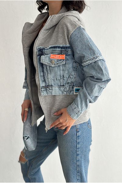 FEMELLE Women's Gray Zippered Pocket Jeans Detailed Hooded Design Jacket