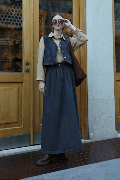 ZÜLAYS V Yaka Denim Yelek Mavi