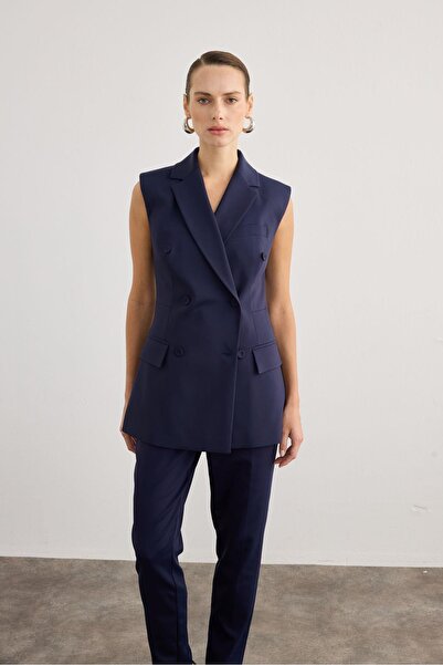 rue Düğme Detaylı Kolsuz Lacivert Yelek