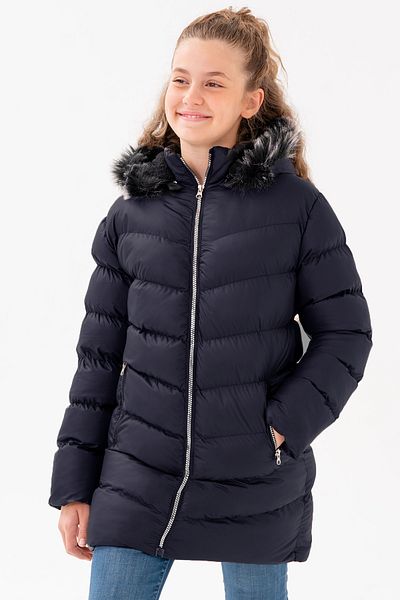 VODENS Girl's Navy Blue Fleece Inside Furry Waterproof Thick Detachable Hooded Coat Coat