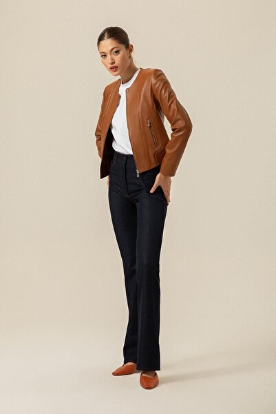 rue Tan Leather Jacket with Zipper Detail