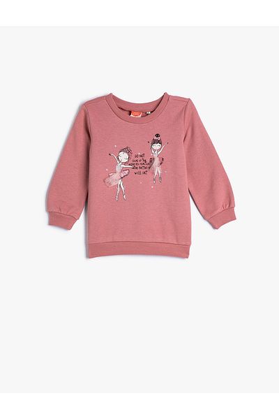 Koton Sweatshirt mit Ballerina-Aufdruck, langärmelig, Rundhalsausschnitt aus Baumwolle mit hohem Kragen
