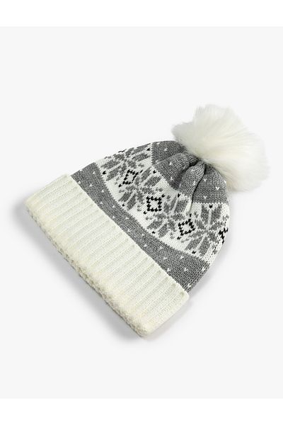 Koton Plush Pompom Knitwear Beanie Patterned