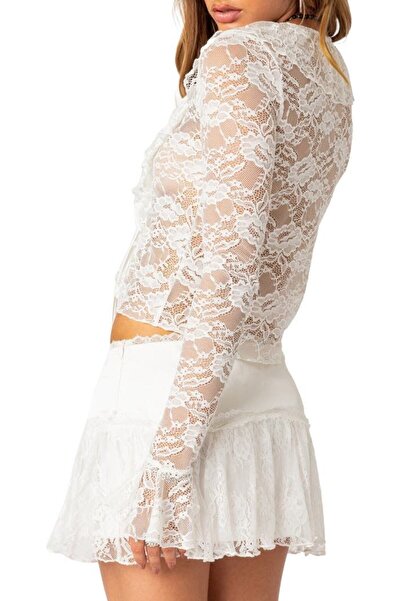 DEEP BEACH Fırfırlı Dantel Şeritli Retro Bluz