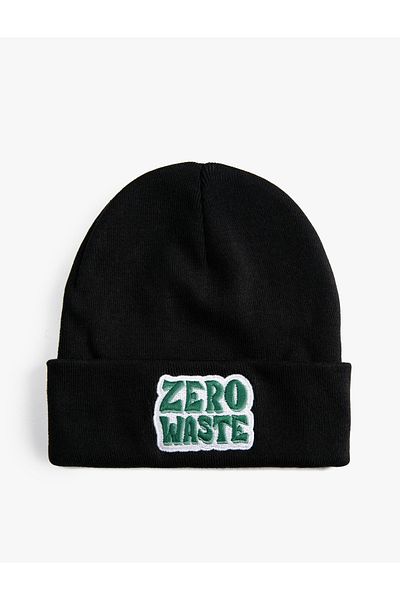 Koton Basic Knitted Beret with Slogan Embroidered Fold Detail
