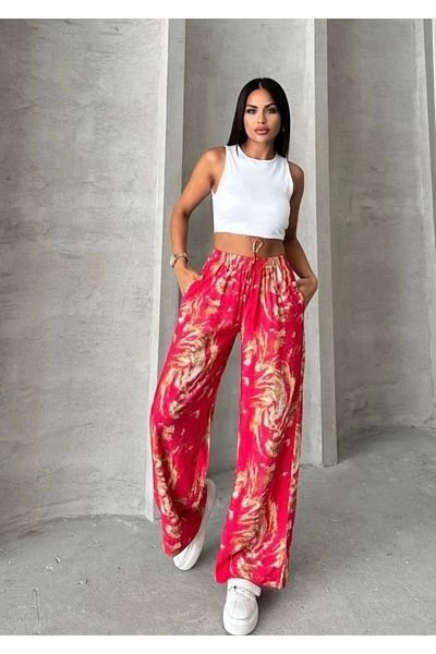 Selence Red Palazzo Pants - Elastic Waist and Patterned