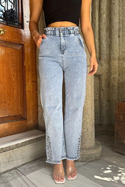 GÜLSELİ Ice Blue Women's High Waist Leg Tasseled Stone Detailed Lycra Jean Jeans