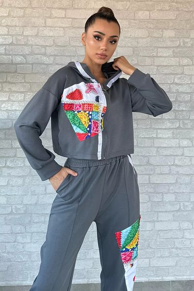 GÜLSELİ Gray Digital Printed Sweat Pants Double Set