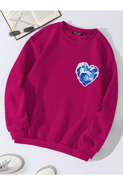 SOFTWAY Φούξια Unisex Oversize Crew Neck φούτερ - Ocean Heart Printed