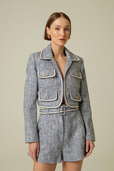 rue Gold Düğme Detaylı İndigo Crop Ceket
