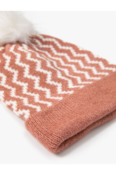 Koton Knitted Beanie with Color Block and Plush Pompom Detail