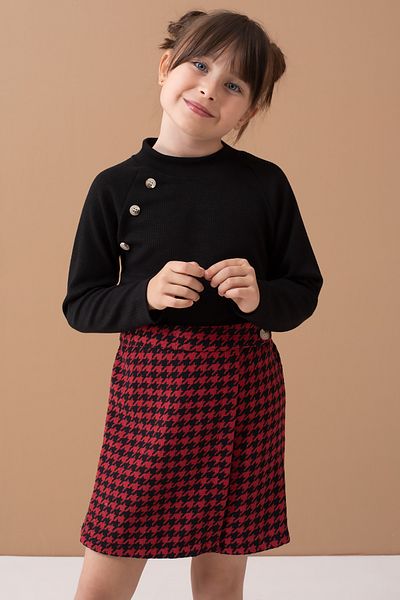 Cansın Mini Red Houndstooth Patterned Shorts Skirt Suit for Girl - 19559