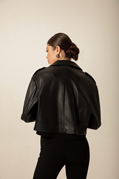 rue Black Leather Jacket with Front Button Detail