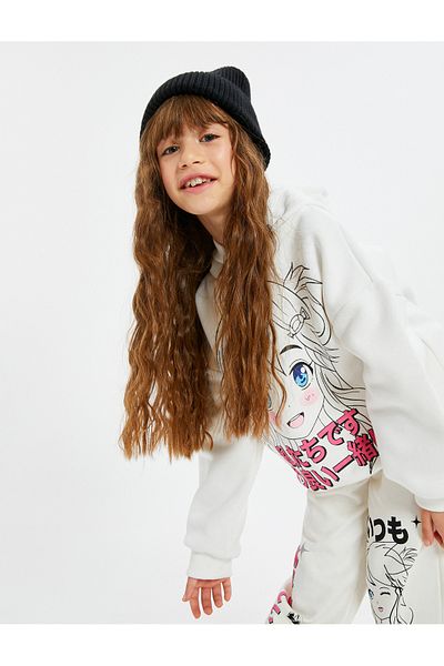 Koton Anime Hooded Sweatshirt Raised Long Sleeve