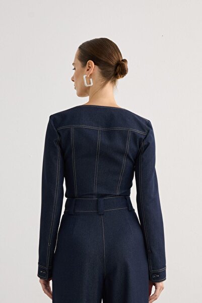 rue Kare Yaka Cep Detaylı Lacivert Denim Crop Gömlek