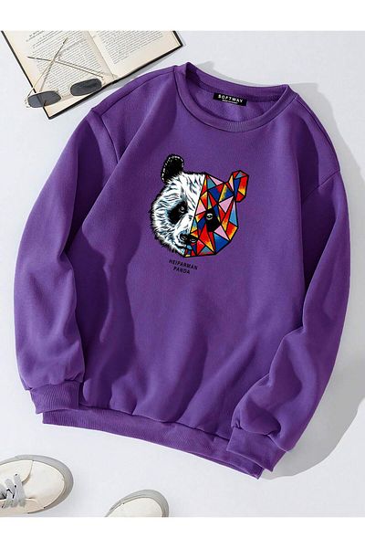 SOFTWAY Унисекс суитшърт с щампа на панда Heiparman Oversize – лилав