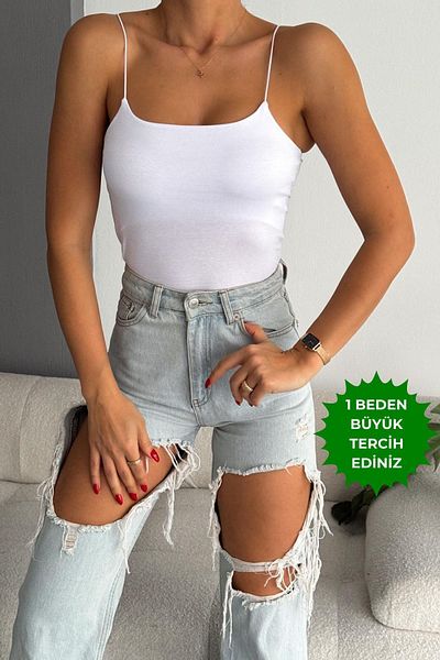 Mogi Butik Women's Basic Rope Strap Long Combed Cotton Bodysuit 3065