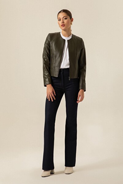 rue Zipper Detailed Khaki Leather Jacket