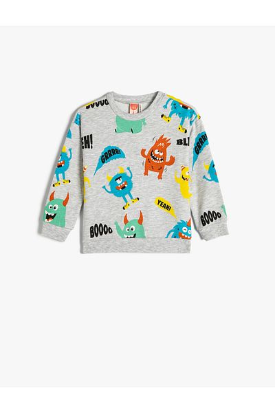 Koton Sweatshirt Monster Printed Ruffled Crew Neck