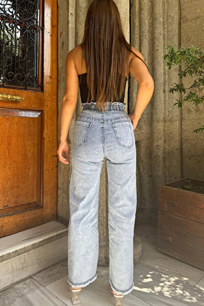 GÜLSELİ Ice Blue Women's High Waist Leg Tasseled Stone Detailed Lycra Jean Jeans