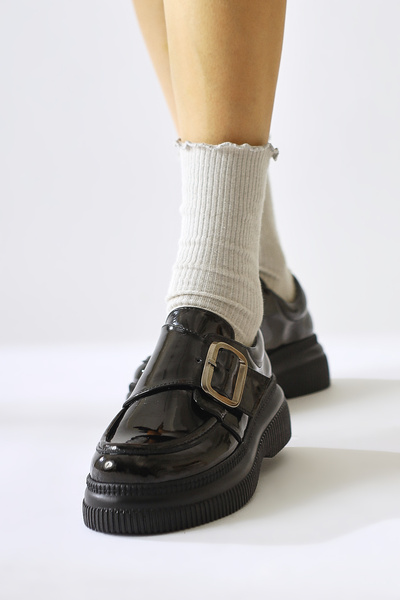 Limoya Evolution Black Patent Leather Buckle Detailed Women's Casual Shoes