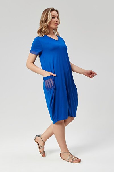 Ebsumu Rochie albastră de mărime Plus - Buzunar și mâneci detaliu plasă